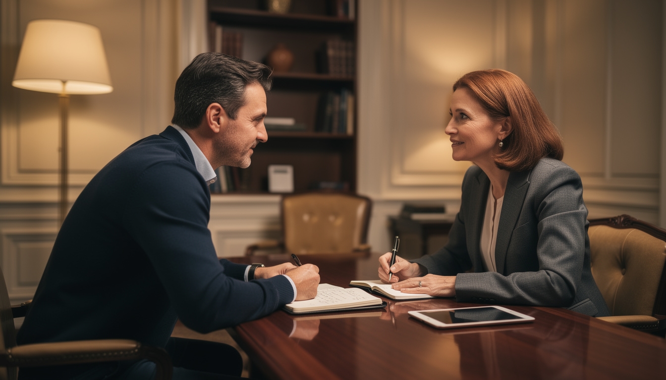 Zwei Personen im professionellen Gespräch über Workshop-Konzepte an einem Schreibtisch