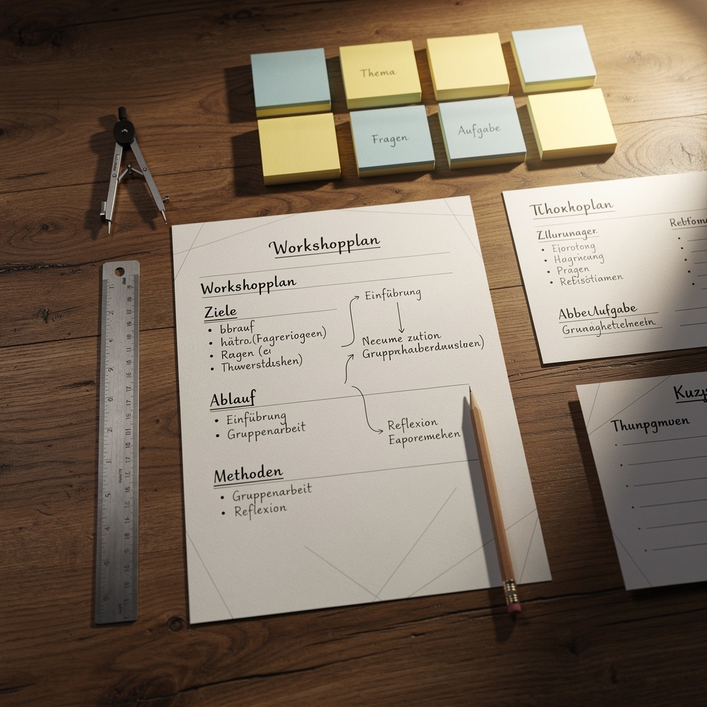 Detailaufnahme eines Tisches mit Notizen und Planungsmaterialien für einen Workshop